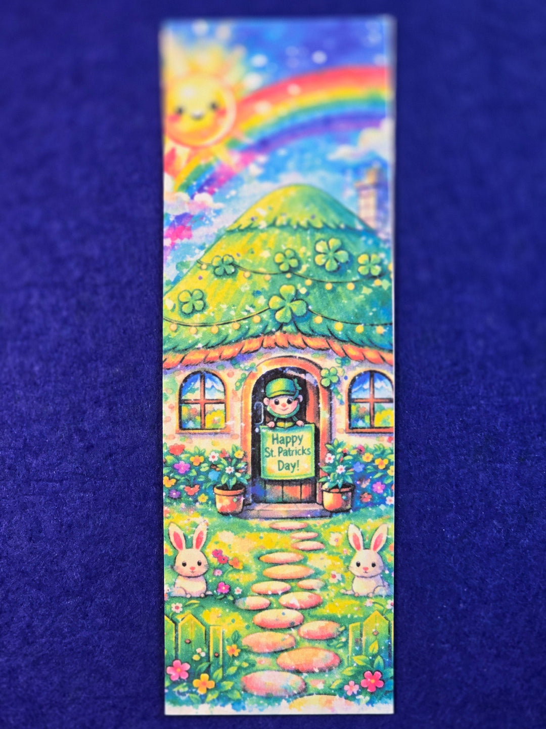 Colorful bookmark with a castle design on a blue background
