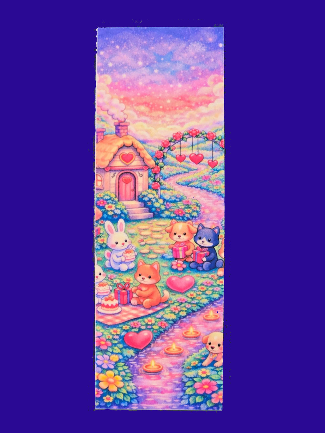 “Valentine 2x6 bookmark with bunny and fox picnic near heart cottage in colorful flower garden, matte cardstock”