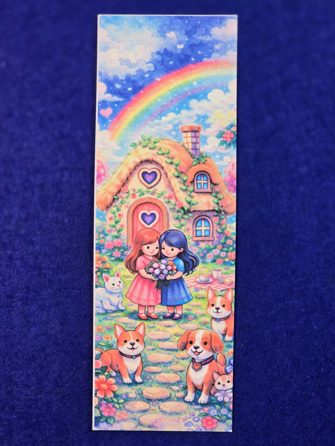 Cartoon scene with a rainbow, house, and characters on a blue background