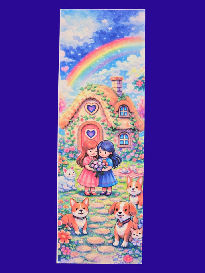“Valentine 2x6 bookmark with rainbow over heart cottage and two friends holding flowers with pets, matte cardstock”