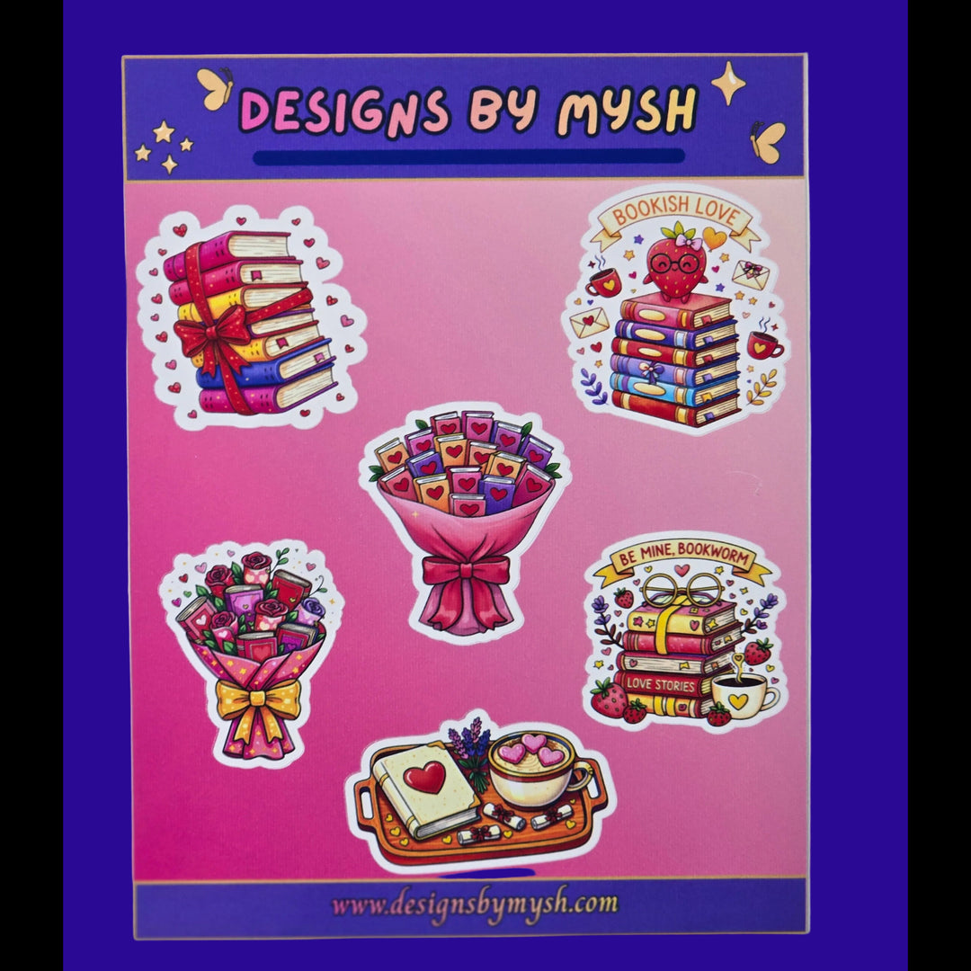 “Bookish Valentine glossy sticker sheet with stacks of books, hearts, strawberries, love notes, and bookish phrases, 4.5x6”
