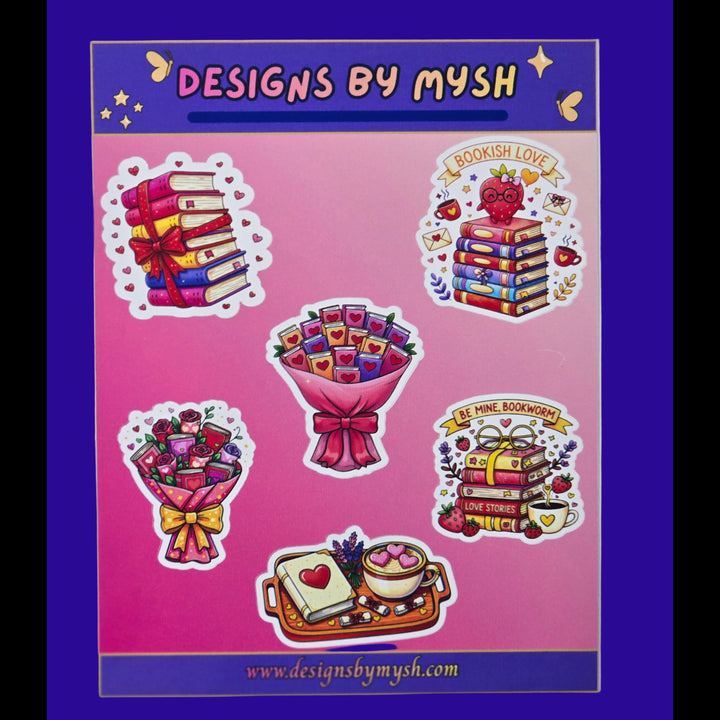 “Bookish Valentine glossy sticker sheet with stacks of books, hearts, strawberries, love notes, and bookish phrases, 4.5x6”