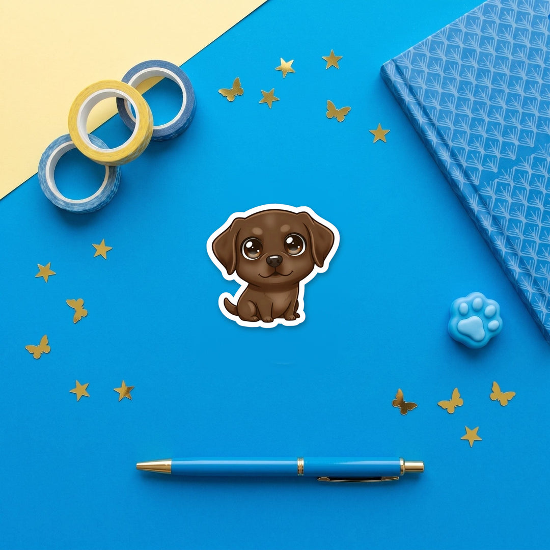 Labrador Retriever Chocolate kawaii 3 inch fridge magnet flat lay with blue stationery