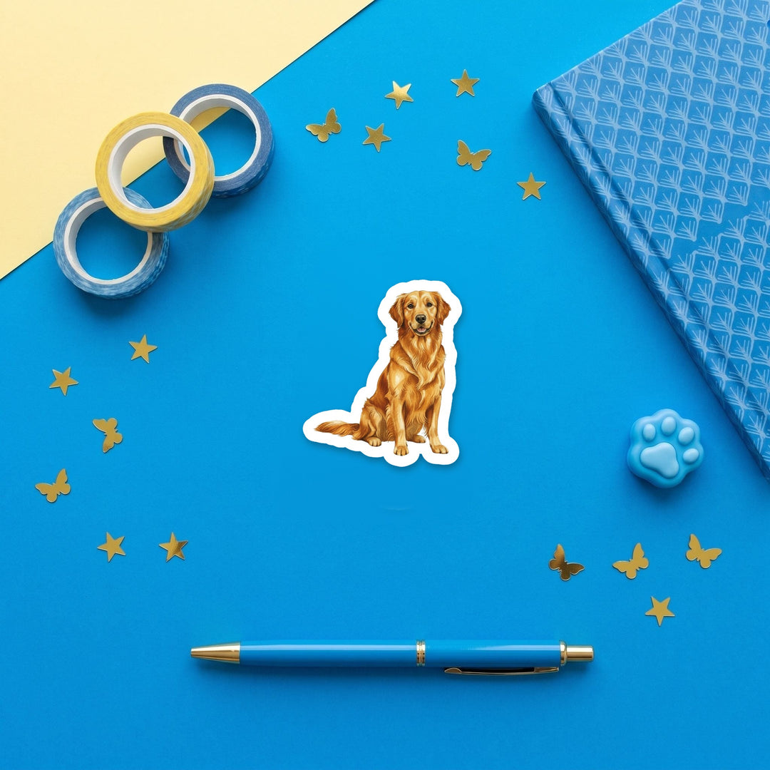 Golden Retriever Dark Golden watercolor 3 inch fridge magnet flat lay with blue stationery