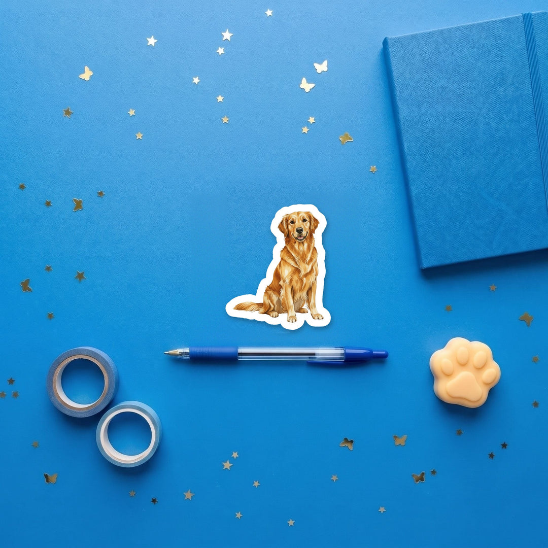Golden Retriever Golden watercolor 3 inch fridge magnet flat lay with blue stationery