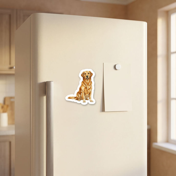 Golden Retriever Golden watercolor magnet on a refrigerator door
