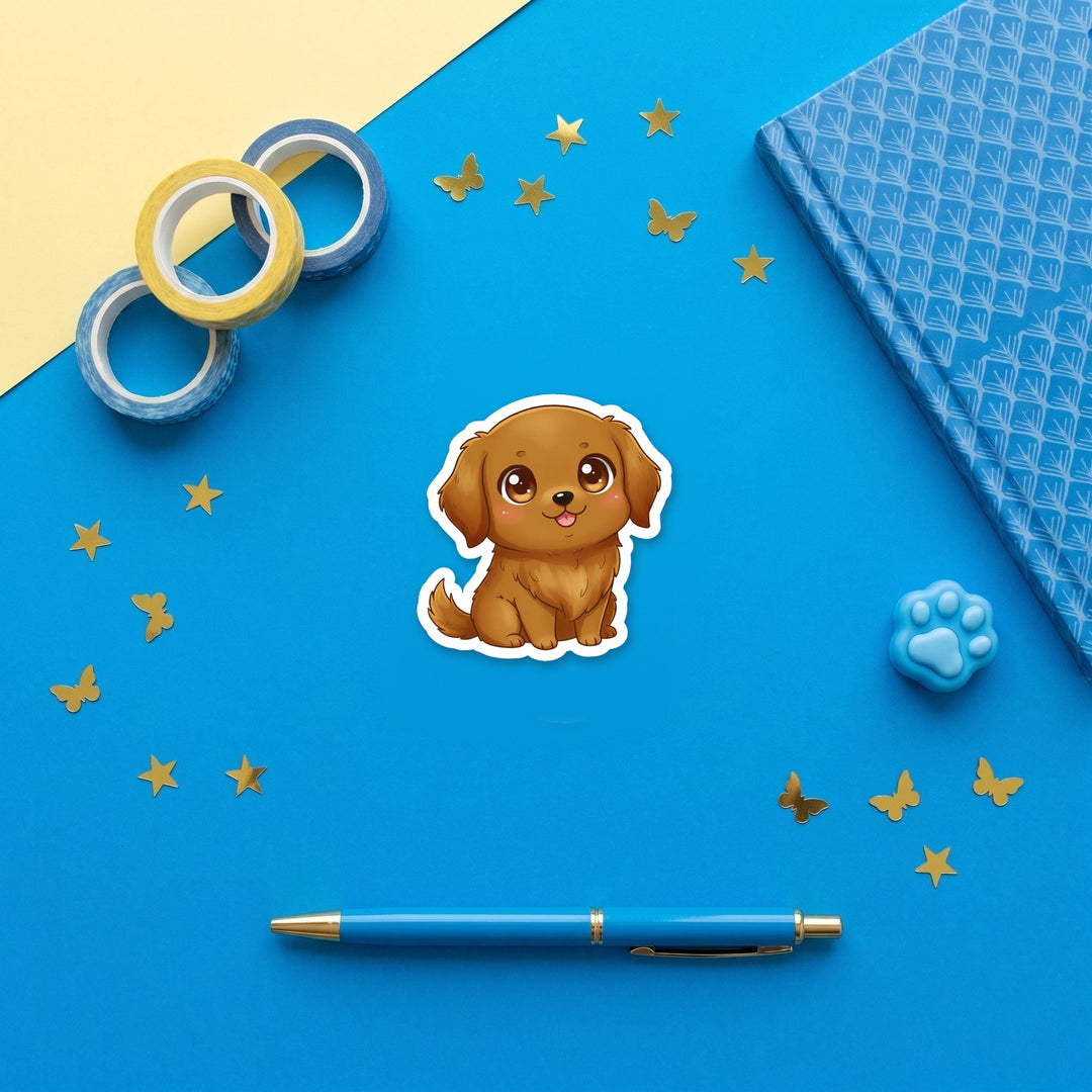 Golden Retriever Dark Golden kawaii 3 inch fridge magnet flat lay with blue stationery