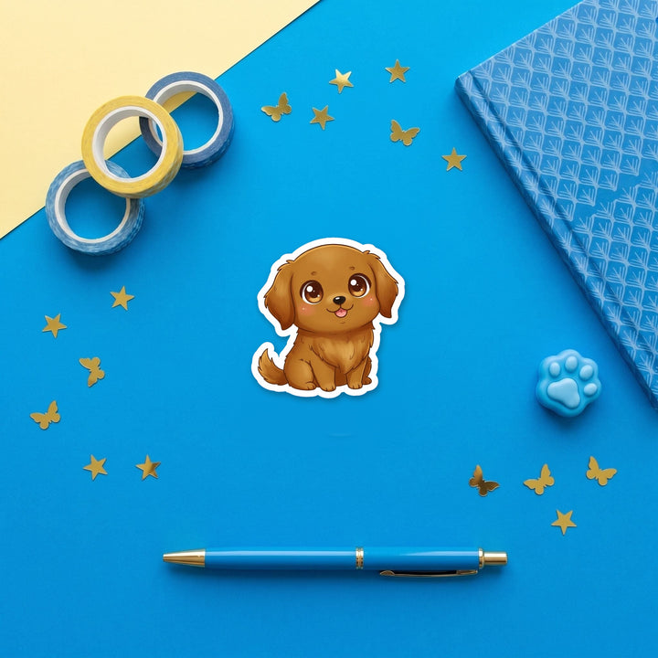 Golden Retriever Dark Golden kawaii 3 inch fridge magnet flat lay with blue stationery