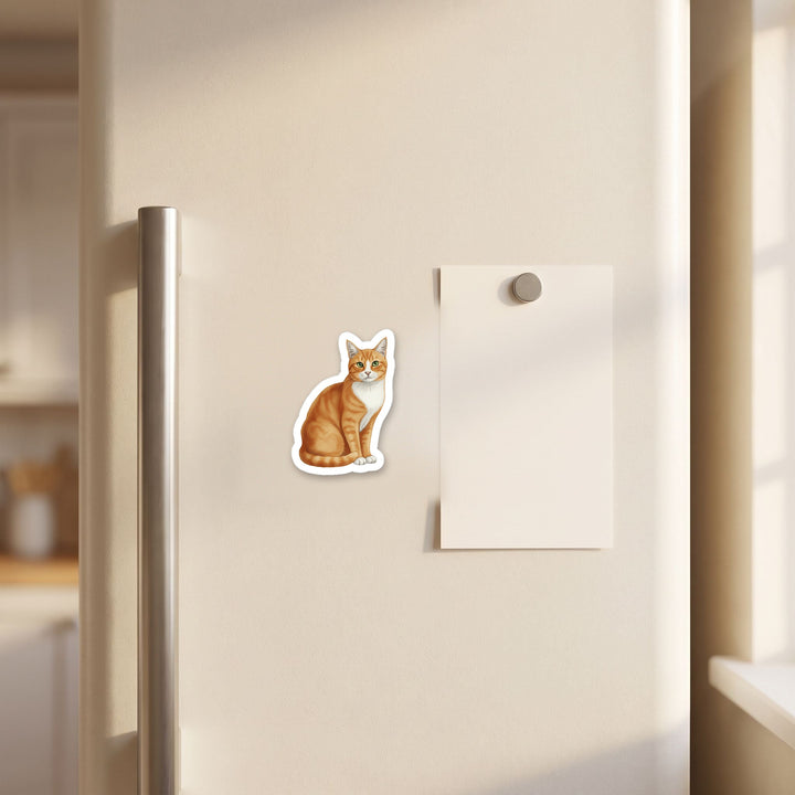 Orange and White Short Hair Cat watercolor magnet on a refrigerator door