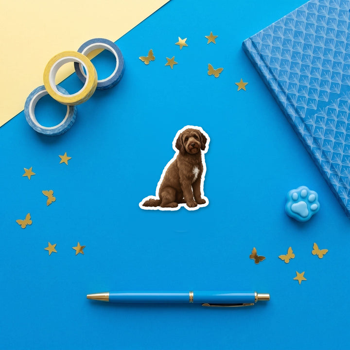 Goldendoodle Chocolate watercolor 3 inch fridge magnet flat lay with blue stationery
