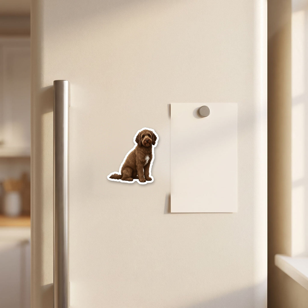 Goldendoodle Chocolate watercolor magnet on a refrigerator door