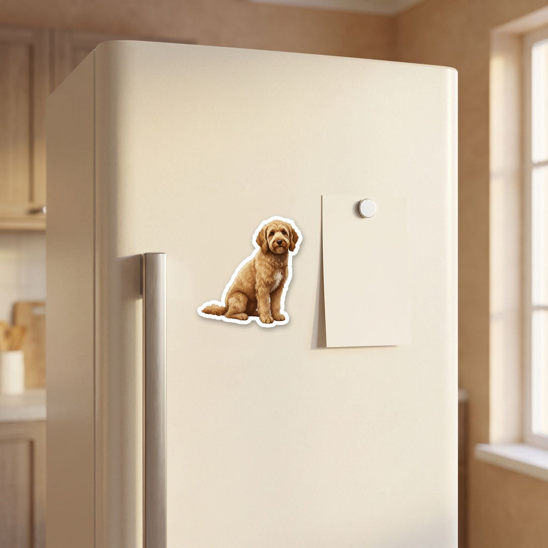 Goldendoodle Golden watercolor magnet on a refrigerator door