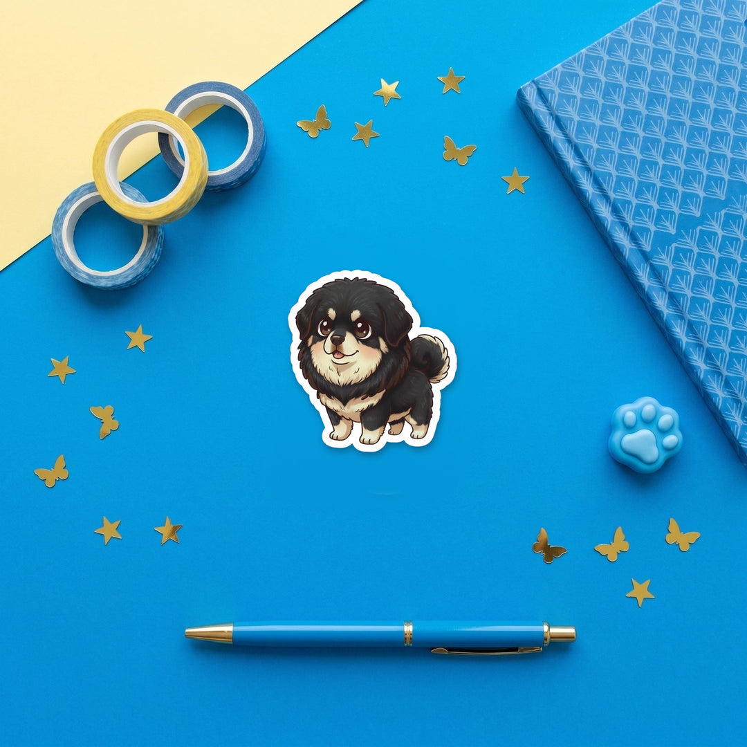 Tibetan Mastiff Black and Tan kawaii 3 inch fridge magnet flat lay with blue stationery