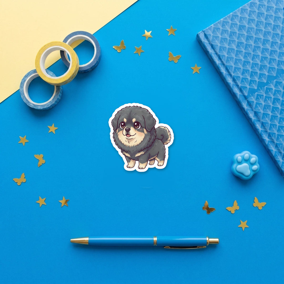 Tibetan Mastiff Blue Gray kawaii 3 inch fridge magnet flat lay with blue stationery