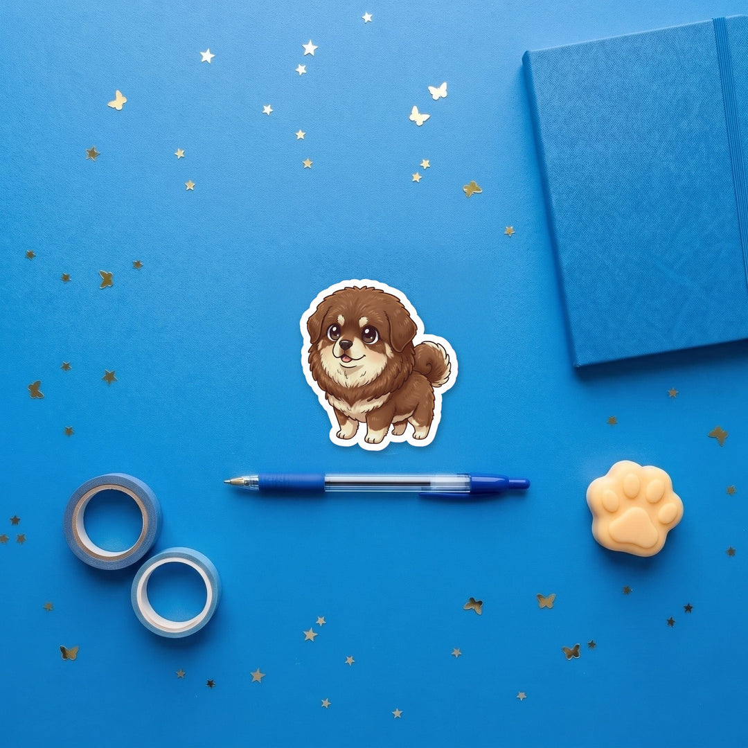 Tibetan Mastiff Brown kawaii 3 inch fridge magnet flat lay with blue stationery