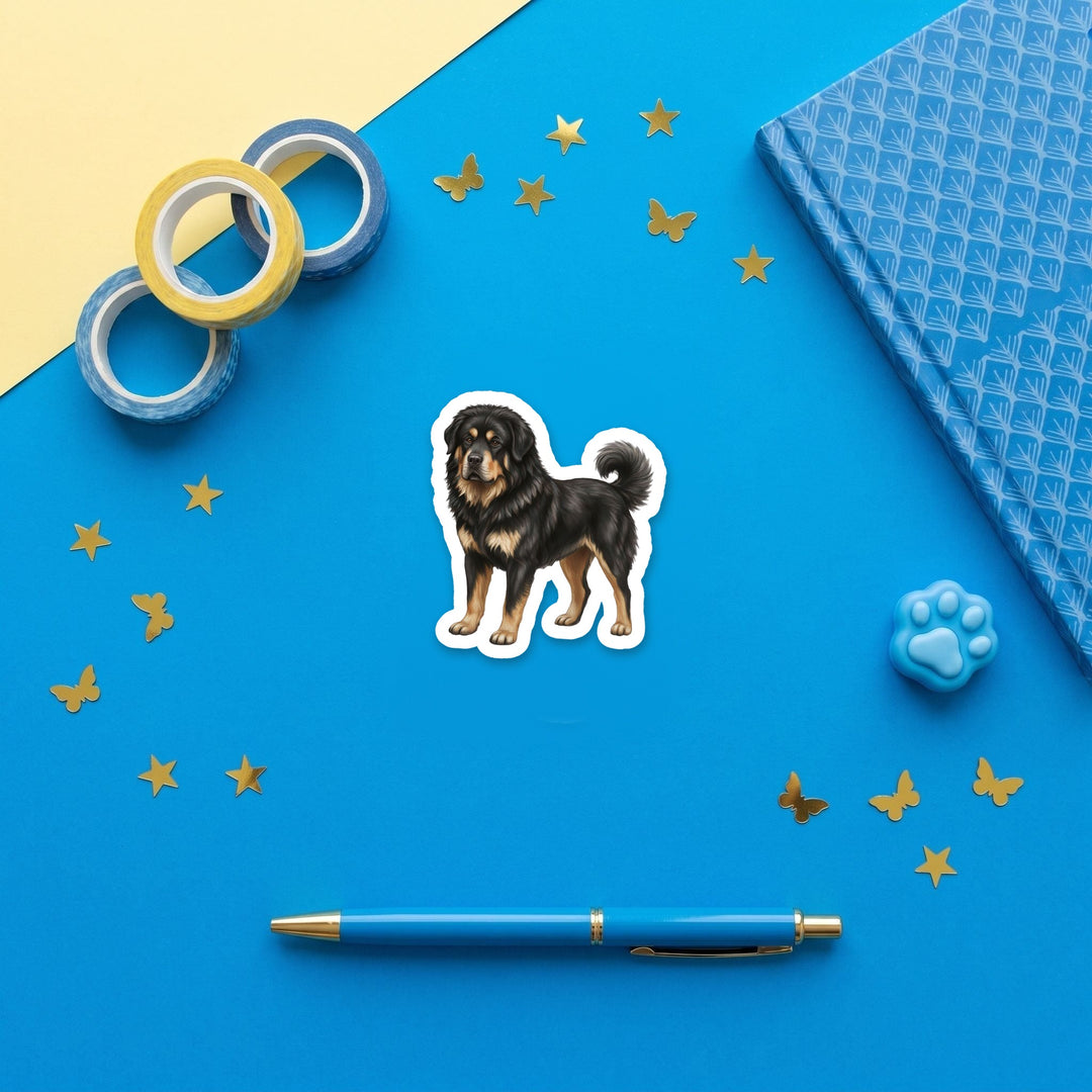 Tibetan Mastiff Black and Tan watercolor 3 inch fridge magnet flat lay with blue stationery