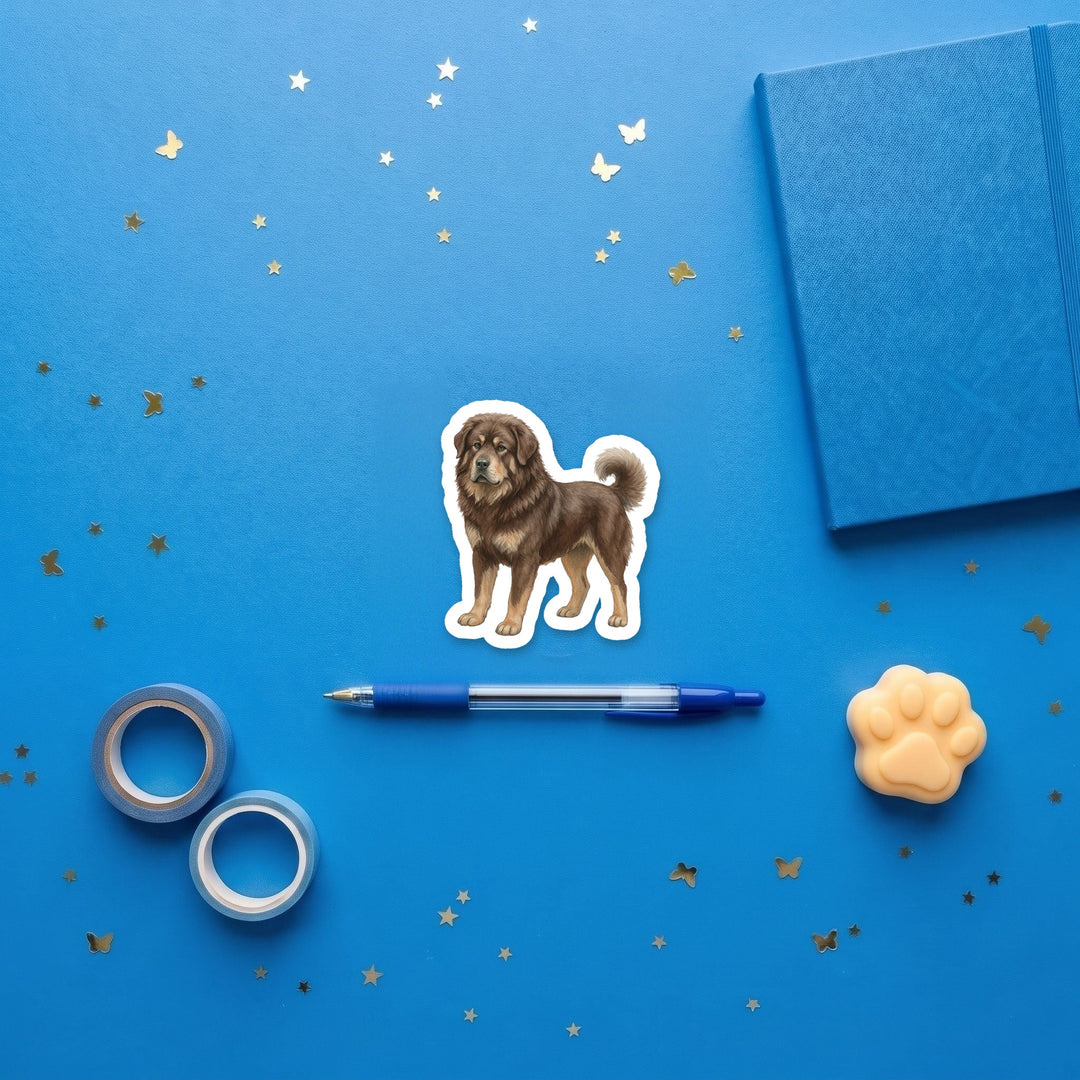 Tibetan Mastiff Brown watercolor 3 inch fridge magnet flat lay with blue stationery