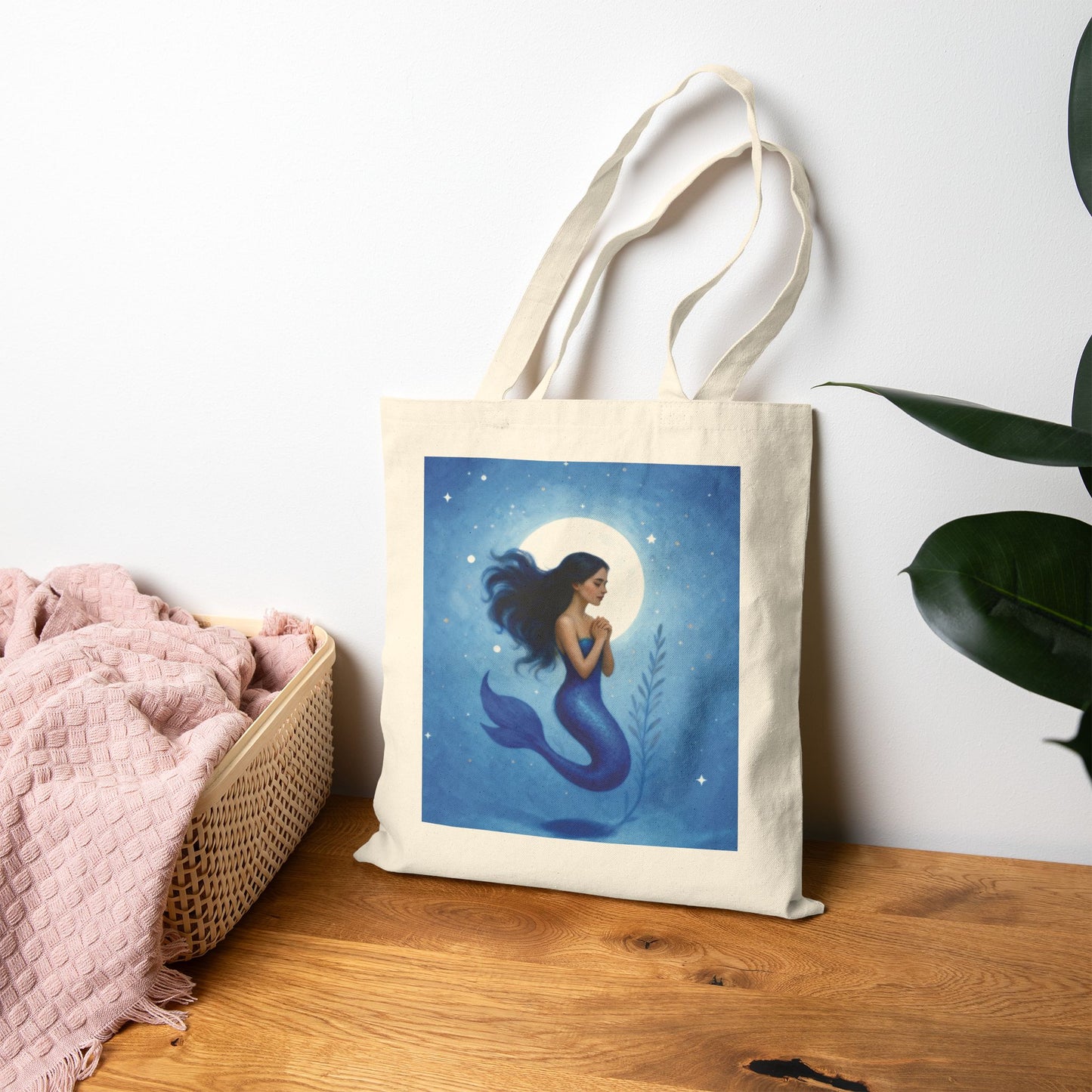 Mermaid Moon Canvas Tote — Ocean Blue Mermaid Illustration Beach Bag