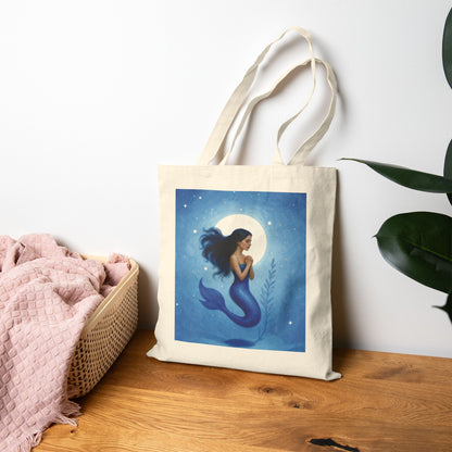 Mermaid Moon Canvas Tote — Ocean Blue Mermaid Illustration Beach Bag