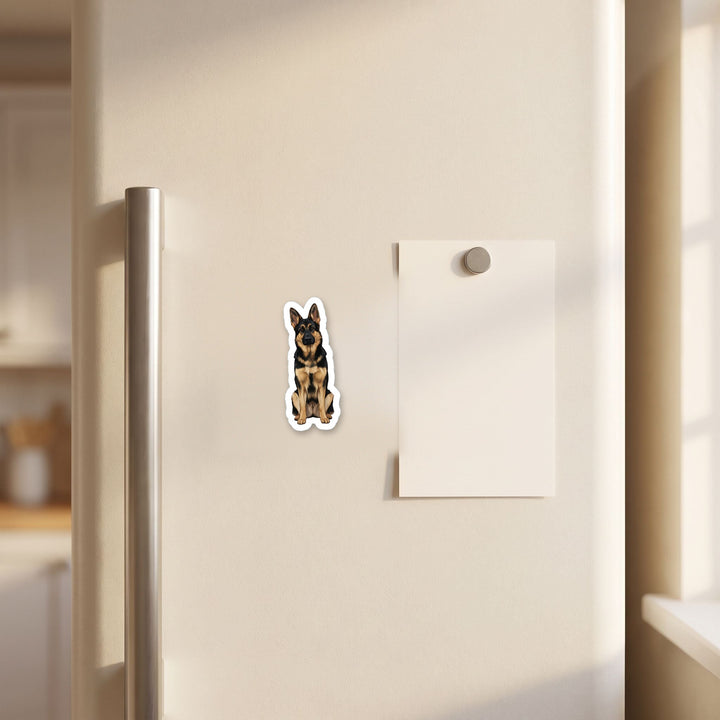 German Shepherd Black and Tan watercolor magnet on a refrigerator door