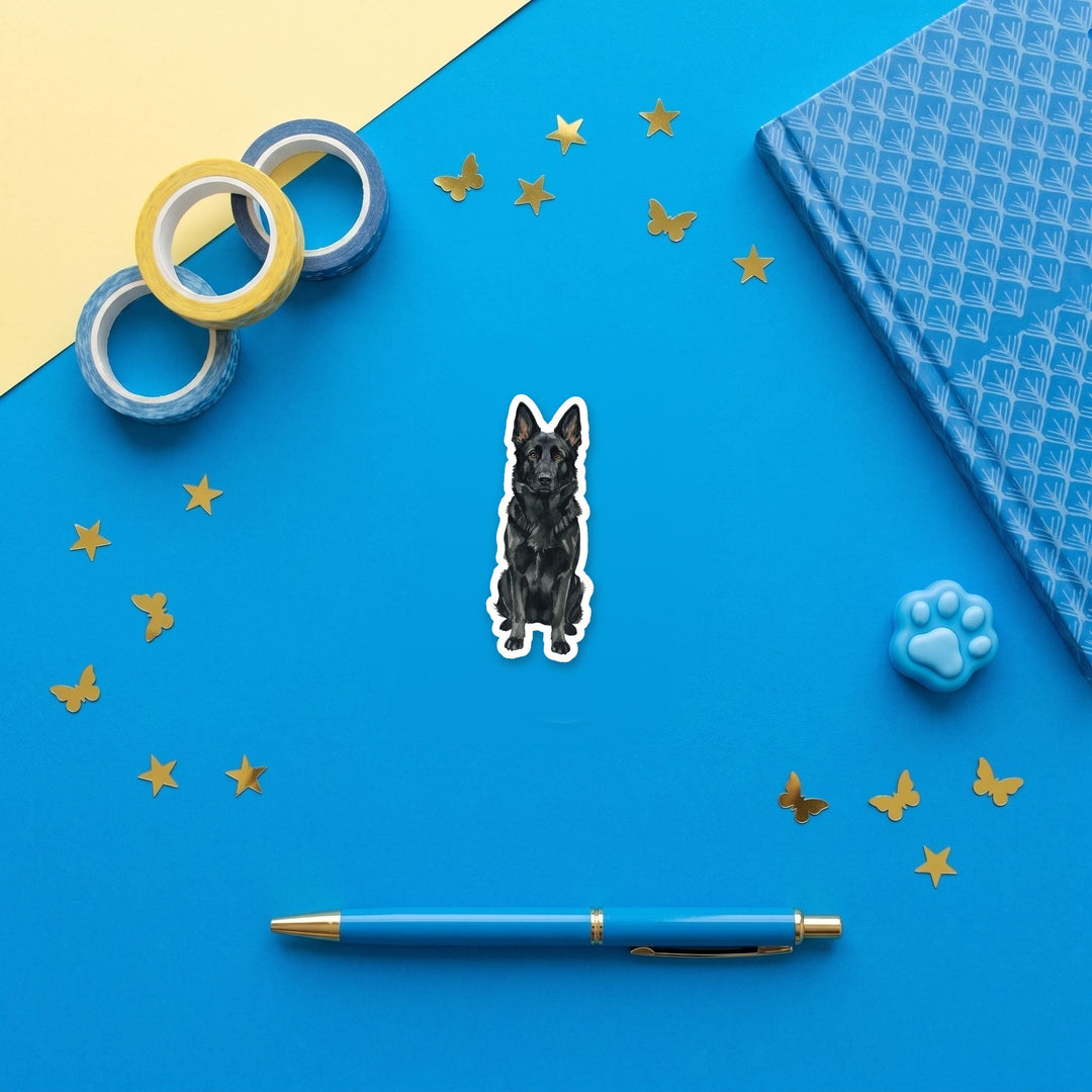 German Shepherd Black watercolor 3 inch fridge magnet flat lay with blue stationery