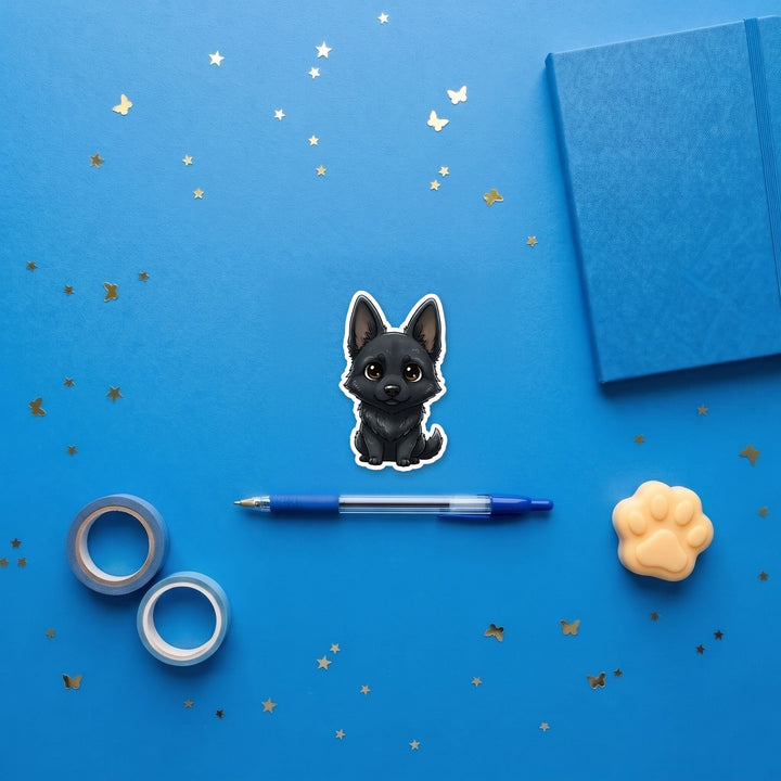 German Shepherd Black kawaii 3 inch fridge magnet flat lay with blue stationery