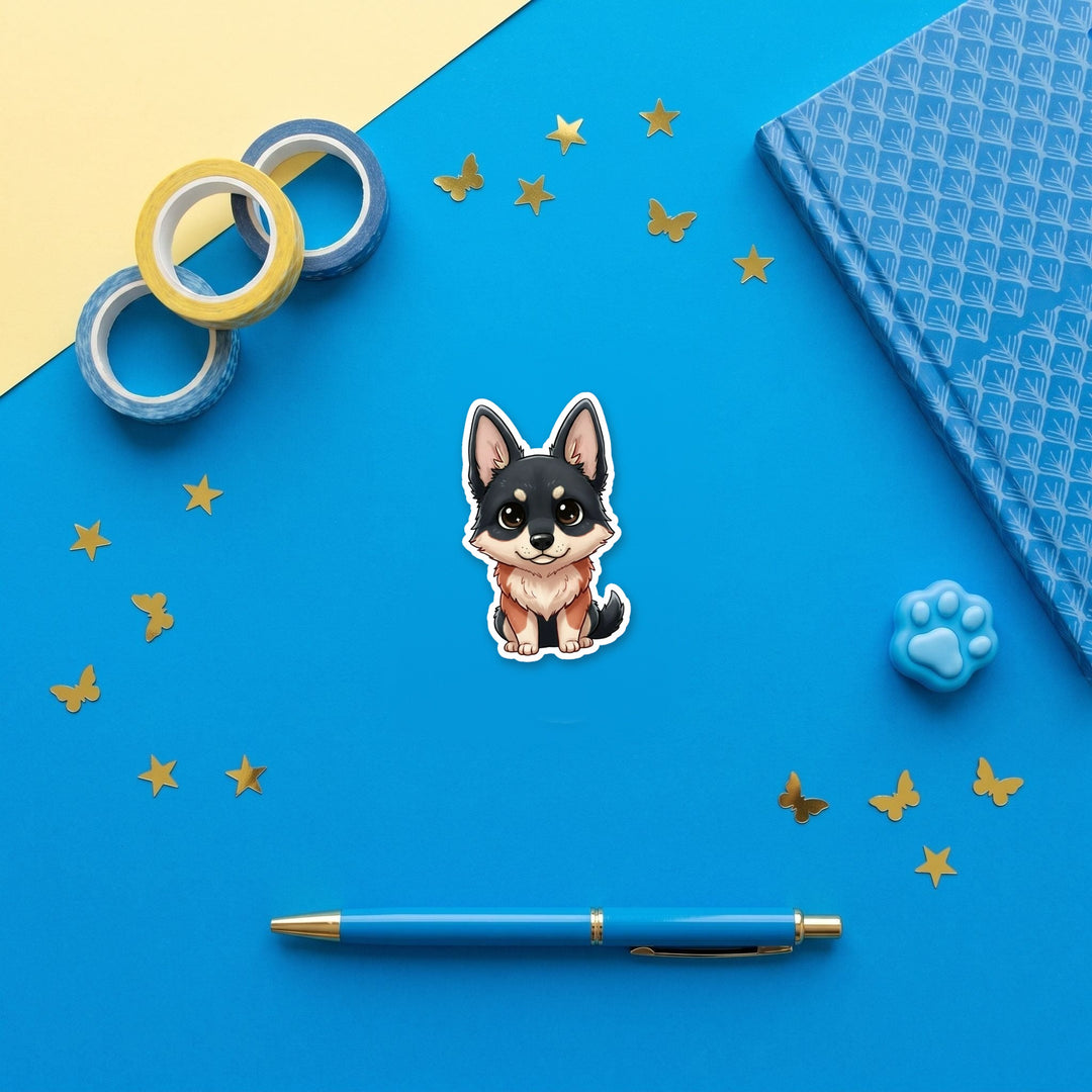 German Shepherd Black and Red kawaii 3 inch fridge magnet flat lay with blue stationery