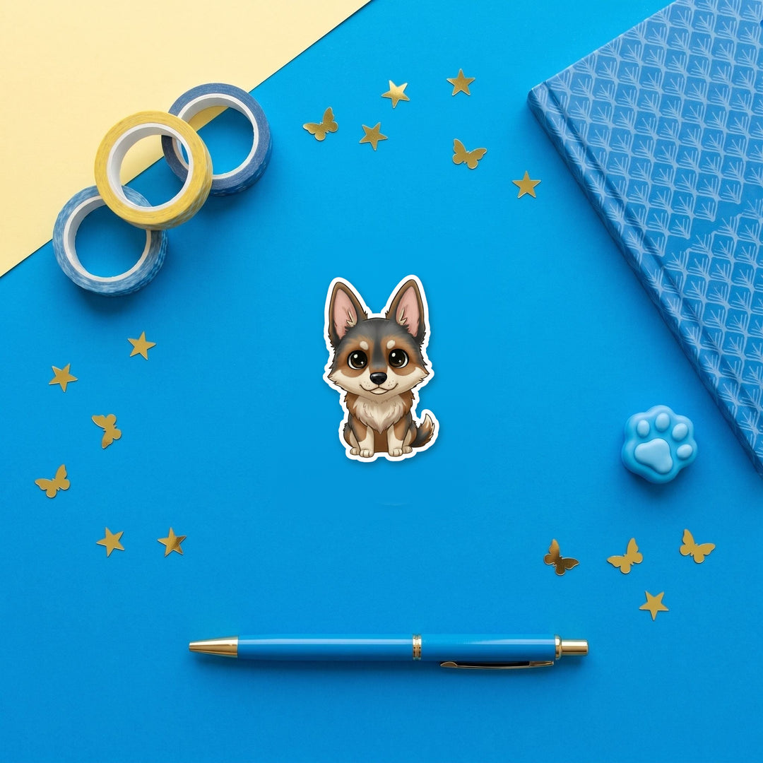 German Shepherd Sable kawaii 3 inch fridge magnet flat lay with blue stationery