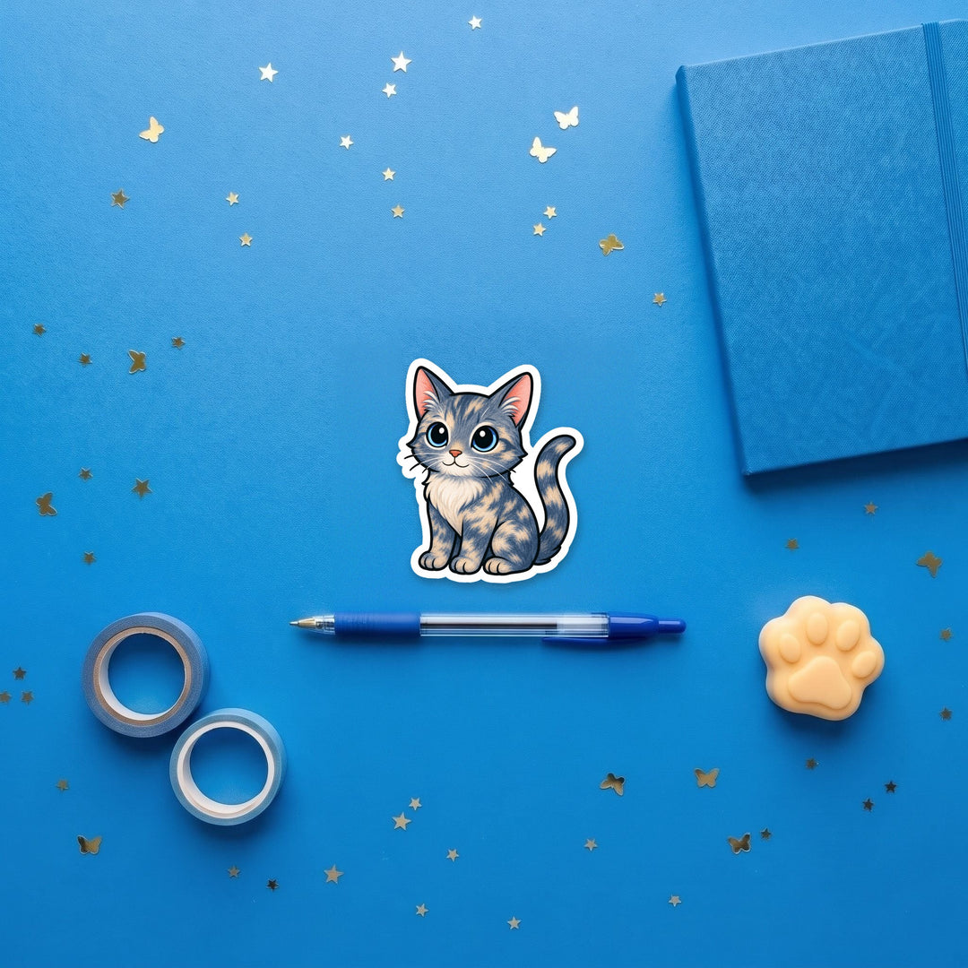 Blue-Cream Tortoiseshell Cat kawaii 3 inch fridge magnet flat lay with blue stationery