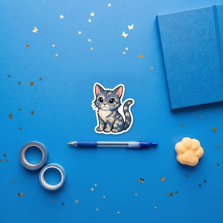 Blue-Cream Tortoiseshell Cat kawaii 3 inch fridge magnet flat lay with blue stationery