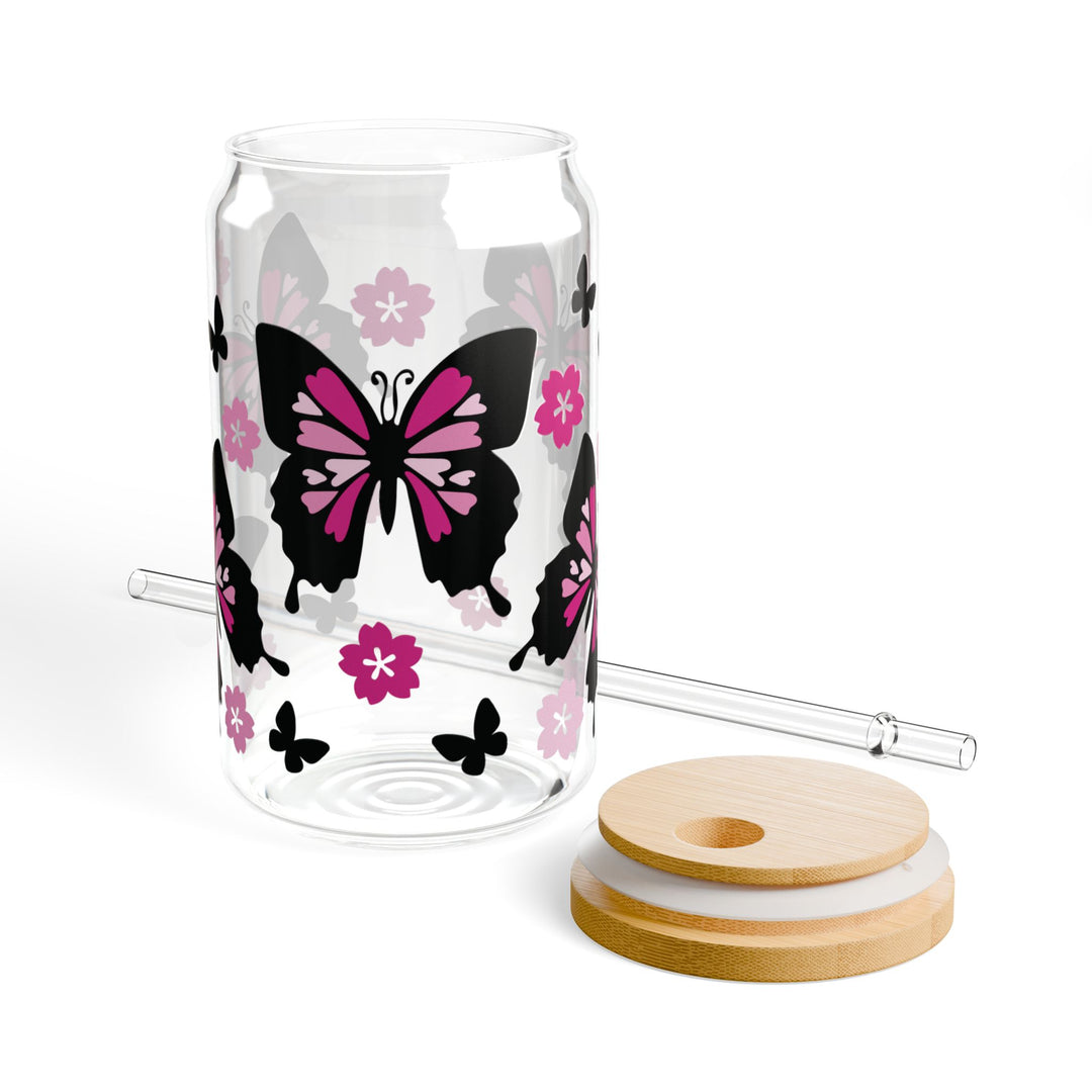 Butterfly-Themed Glass Sipper, Stylish Drinkware, Eco-Friendly Cup, Floral Design, Perfect for Parties, Gifts, Home Decor, Summer Sip - Designs by Mysh