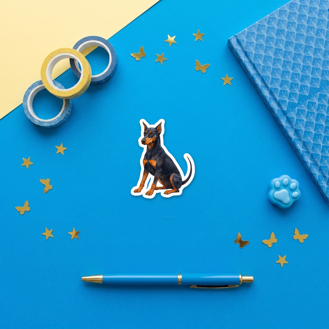 Doberman Pinscher Blue and Rust watercolor 3 inch fridge magnet flat lay with blue stationery