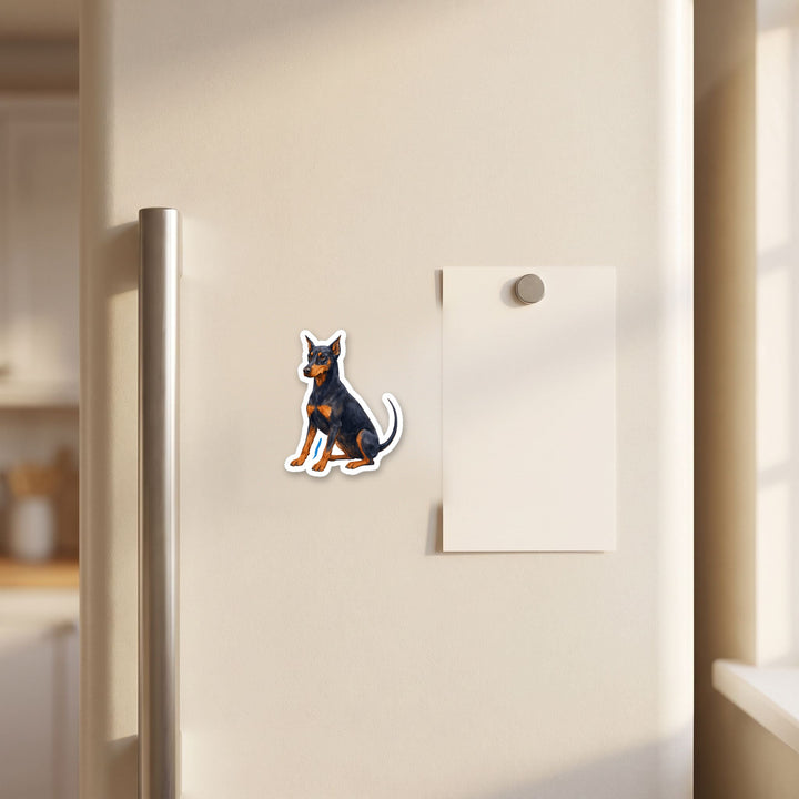 Doberman Pinscher Blue and Rust watercolor magnet on a refrigerator door