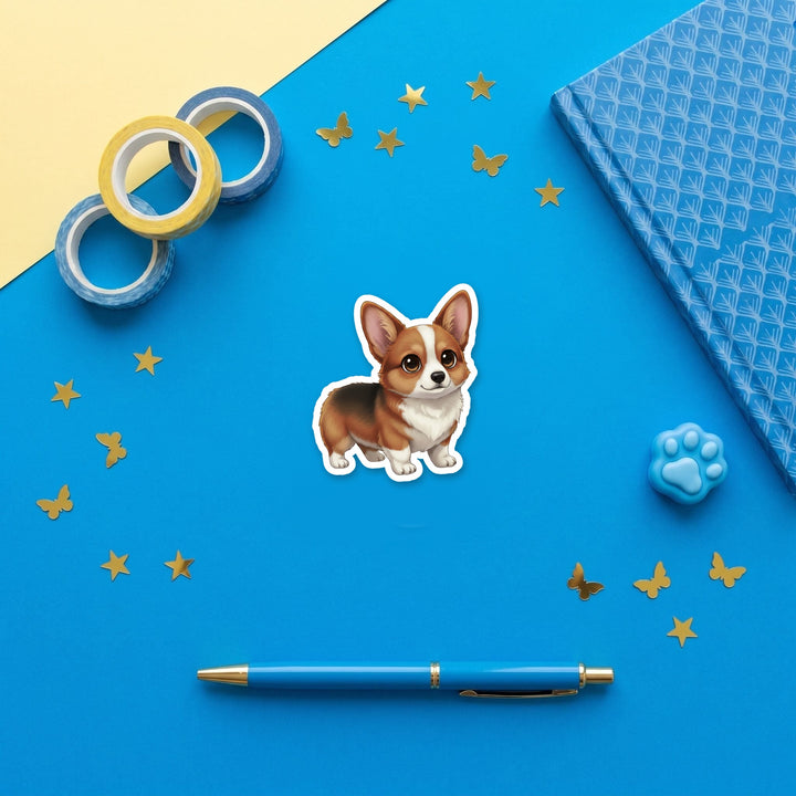 Corgi Sable kawaii 3 inch fridge magnet flat lay with blue stationery