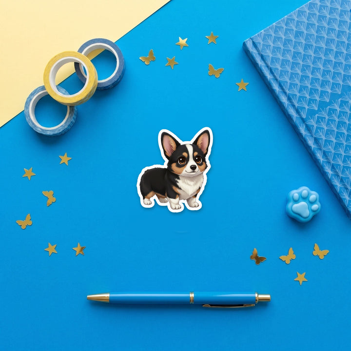 Corgi Black Tri kawaii 3 inch fridge magnet flat lay with blue stationery
