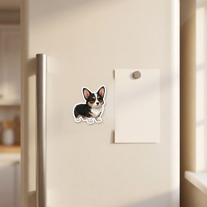 Corgi Black Tri kawaii magnet on a refrigerator door