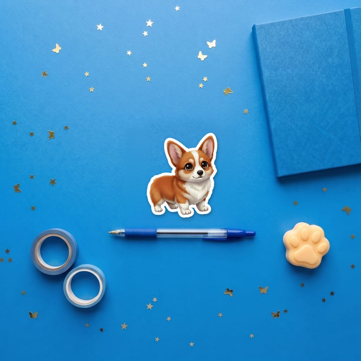 Corgi Red kawaii 3 inch fridge magnet flat lay with blue stationery