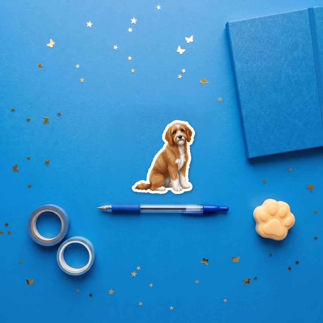 Goldendoodle Apricot and White watercolor 3 inch fridge magnet flat lay with blue stationery