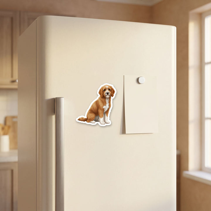 Goldendoodle Apricot and White watercolor magnet on a refrigerator door