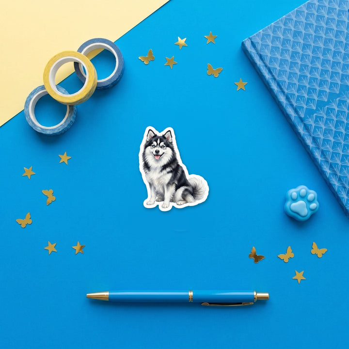 Pomsky Black and White watercolor 3 inch fridge magnet flat lay with blue stationery