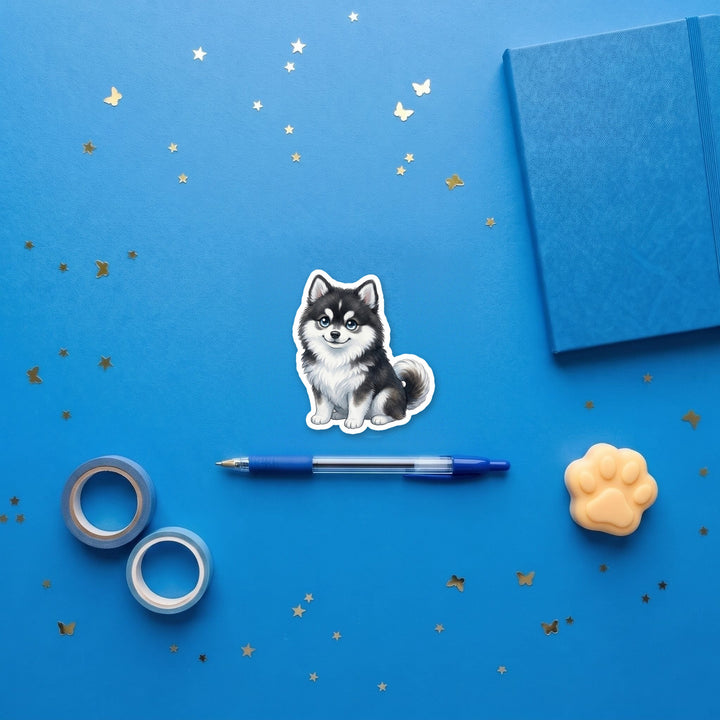 Pomsky Black and White kawaii 3 inch fridge magnet flat lay with blue stationery