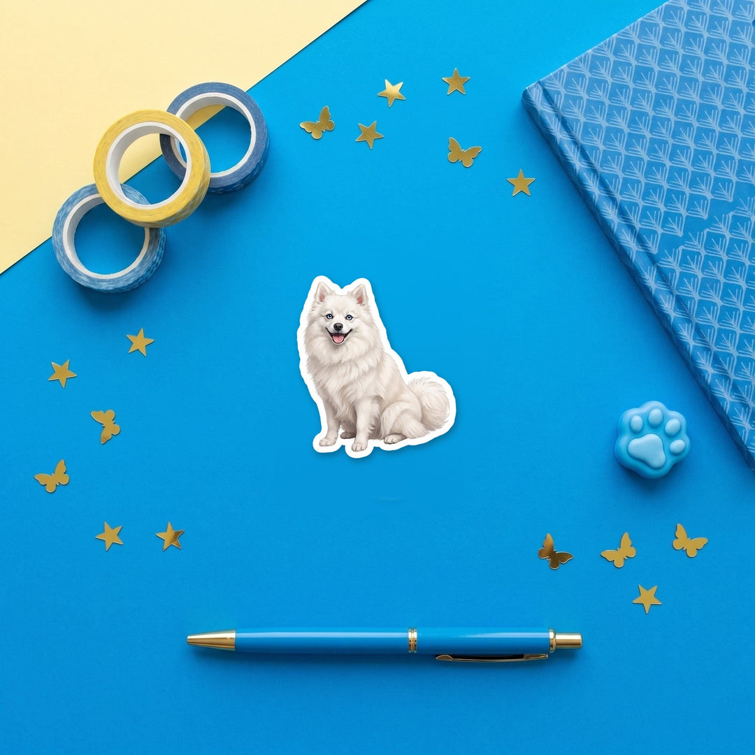 Pomsky White watercolor 3 inch fridge magnet flat lay with blue stationery