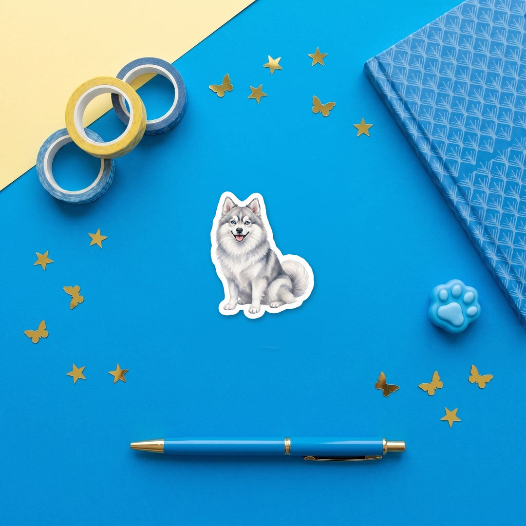 Pomsky Grey watercolor 3 inch fridge magnet flat lay with blue stationery