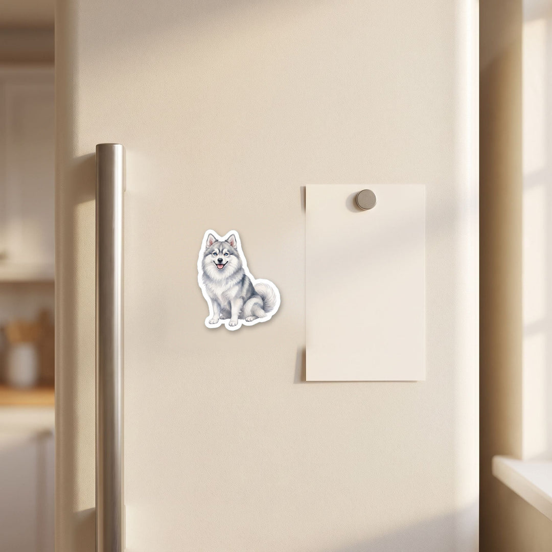 Pomsky Grey watercolor magnet on a refrigerator door