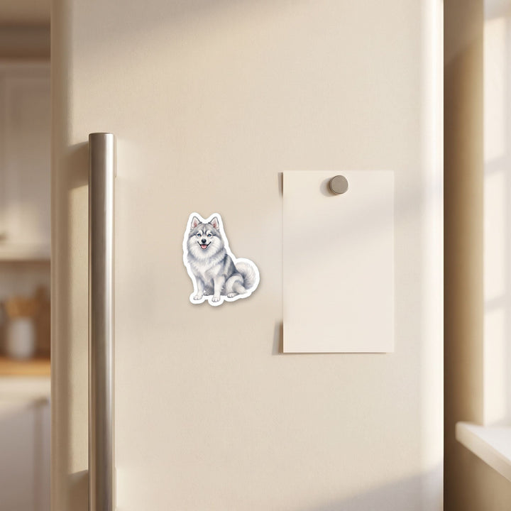Pomsky Grey watercolor magnet on a refrigerator door