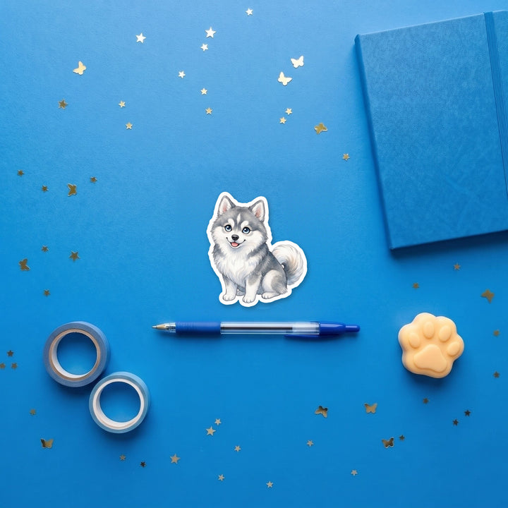Pomsky Grey kawaii 3 inch fridge magnet flat lay with blue stationery