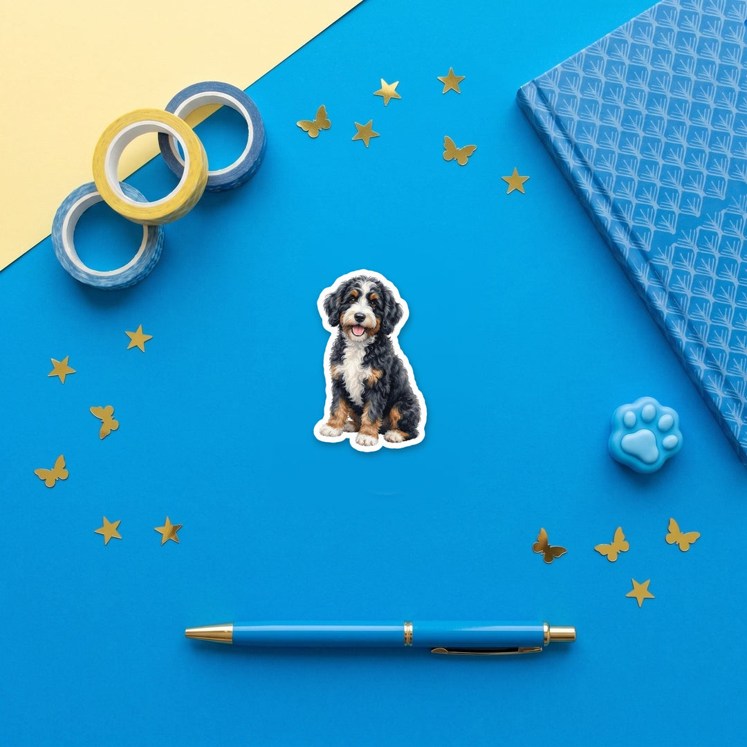 Bernedoodle Black White and Rust watercolor 3 inch fridge magnet flat lay with blue stationery