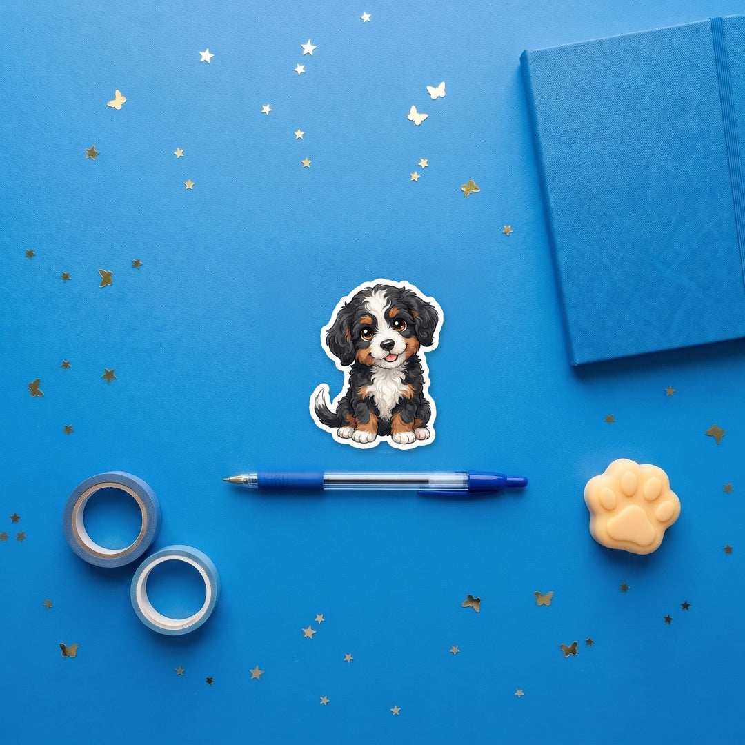Bernedoodle Black White and Rust kawaii 3 inch fridge magnet flat lay with blue stationery