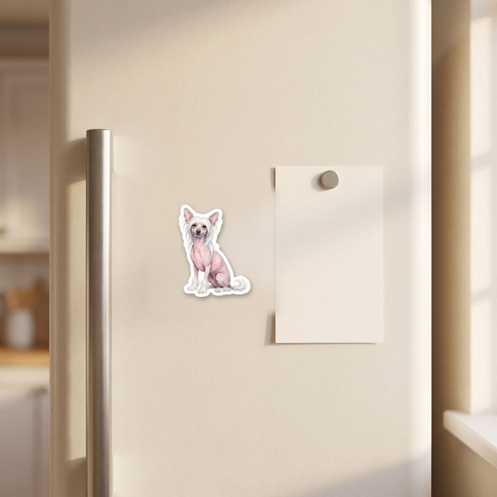 Chinese Crested Pink Hairless watercolor magnet on a refrigerator door