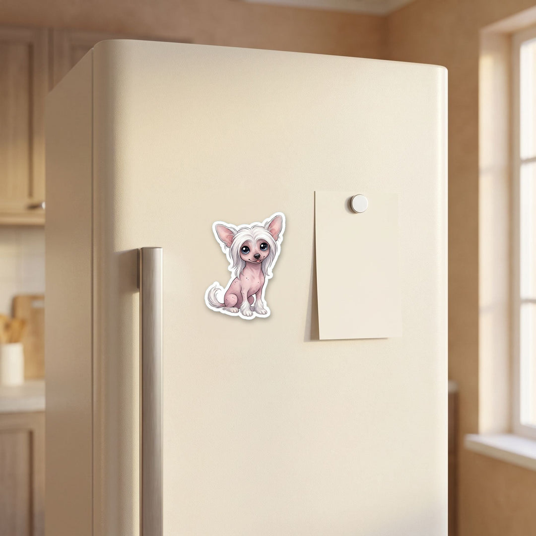 Chinese Crested Pink Hairless kawaii magnet on a refrigerator door